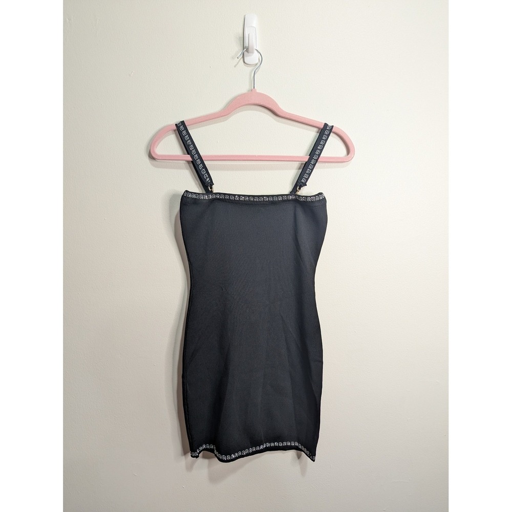 Alexander Wang Black Crystal Logo Bodycon Mini Dress Embellished Straps Womens
